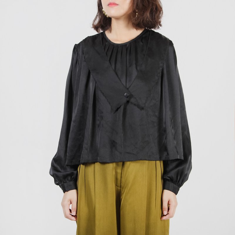 [Egg plant ancient] Dangling collar special tailoring black vintage shirt - Women's Shirts - Polyester Black