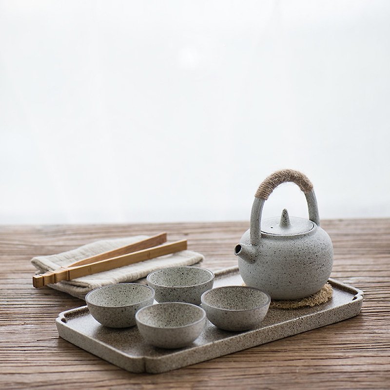 聞說|日式白泥提梁茶壺套 簡約創意粗陶 家用小功夫茶具套裝 - 茶具/茶杯 - 陶 