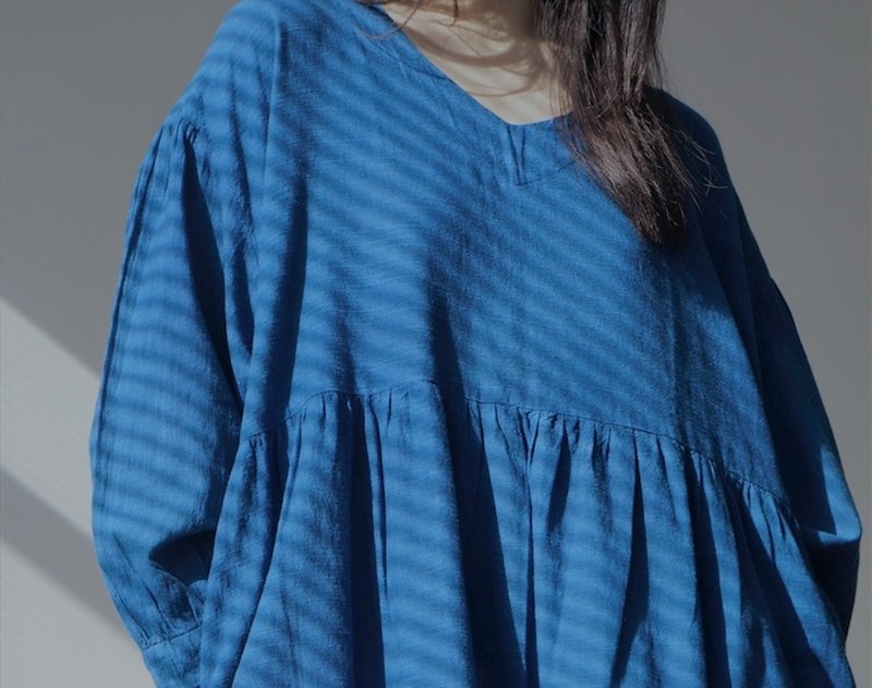 Hand-dyed blue V-neck loose long-sleeved dress - One Piece Dresses - Cotton & Hemp Blue