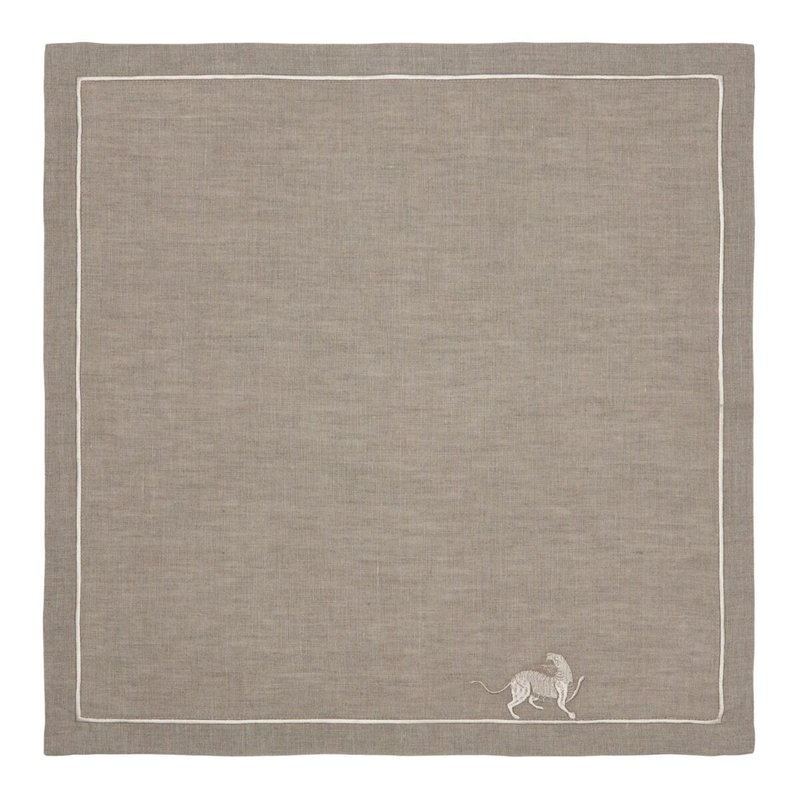 泰國 方巾 Tiger Embroidered Linen Napkin - Ivory - 手帕 - 亞麻 卡其色