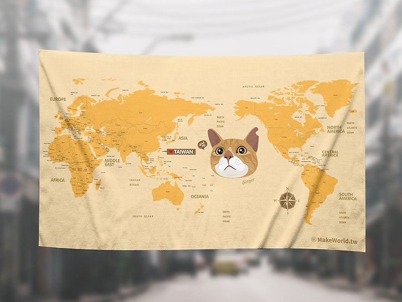Make World map made cat bath towel (orange cat) - ผ้าขนหนู - เส้นใยสังเคราะห์ 
