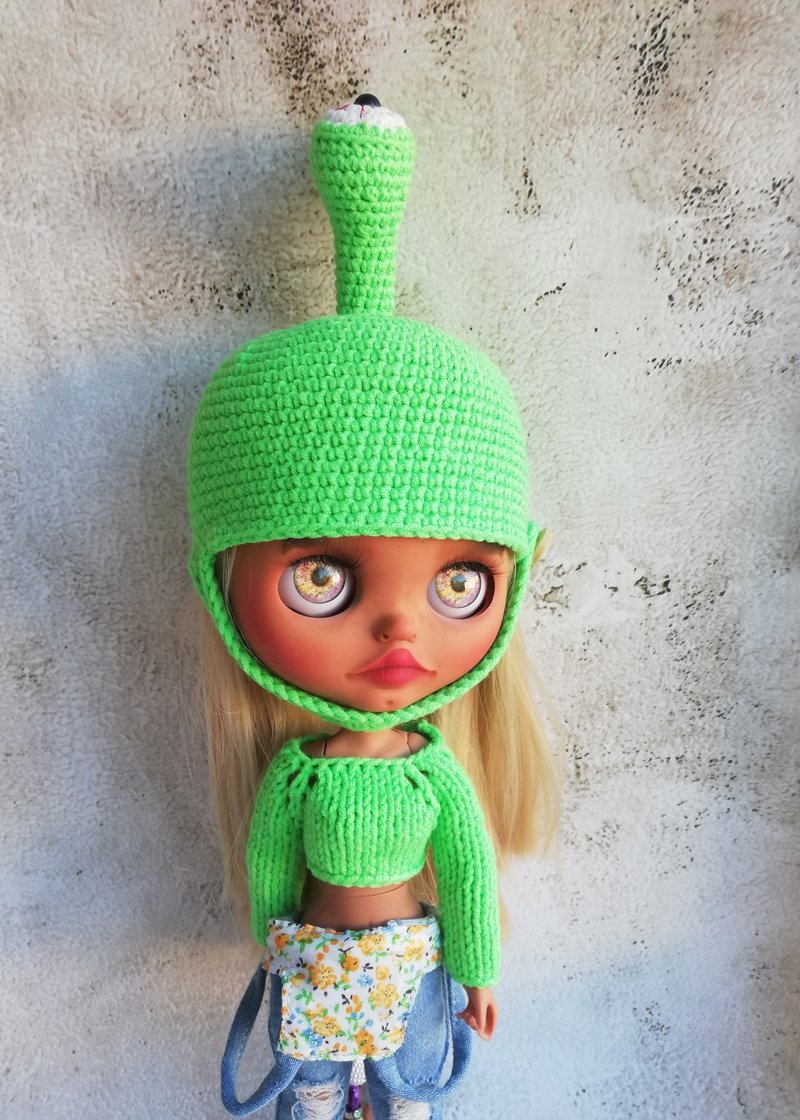 Set of clothes for Blythe hat Alien plus knitted top - 玩偶/公仔 - 棉．麻 綠色