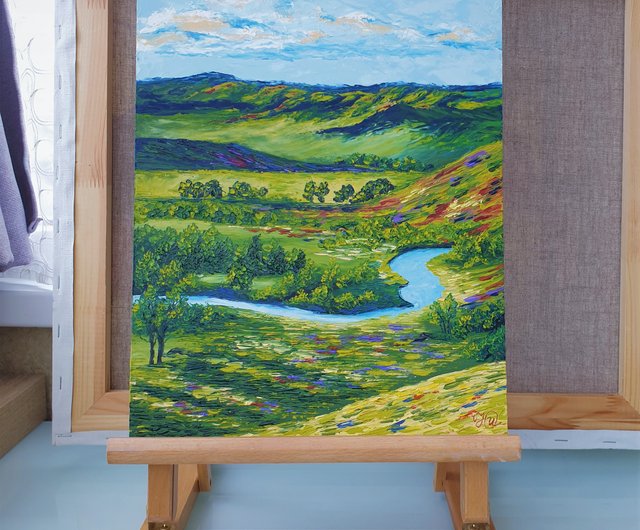 緑の谷の絵画 風景 オリジナルアート ヒルズ ウォールアート 川