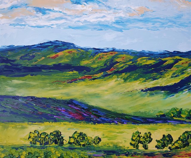 Green Valley Painting Landscape Original Art Hills Wall Art River