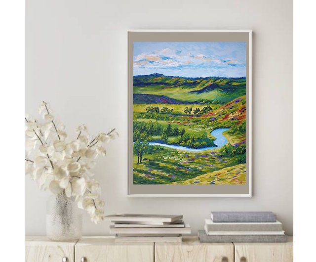 緑の谷の絵画 風景 オリジナルアート ヒルズ ウォールアート 川の油絵