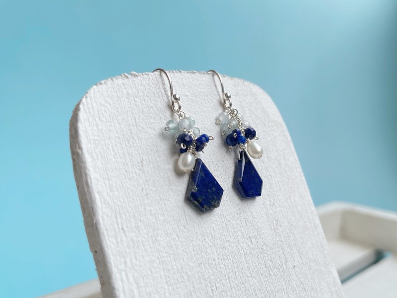 //Sterling Silver Lapis Lazuli Muti Gemstones Bead Dangle Hook Earrings // - Earrings & Clip-ons - Semi-Precious Stones Blue