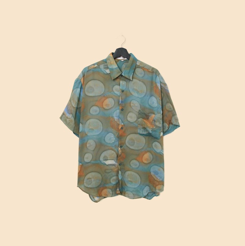 Back to Green-短袖花襯衫 暈染撞色 復古 ss-28 vintage shirt - 男襯衫/休閒襯衫 - 棉．麻 