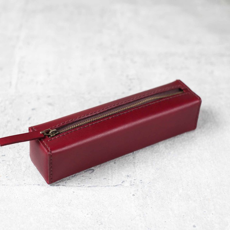 Burgundy classy square veg-tanned leather pencil case/pen pouch - กล่องดินสอ/ถุงดินสอ - หนังแท้ สีนำ้ตาล