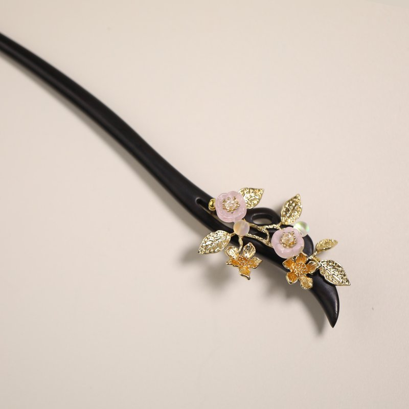 黑檀木粉花造型手作髮簪發釵漢服配飾 - 髮圈/髮夾 - 木頭 黑色