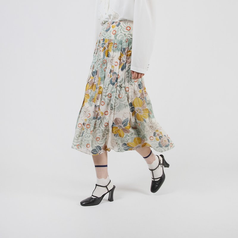 [Egg Plant Vintage] Suspension Parkway Pleated Printed Vintage Skirt - Skirts - Polyester 