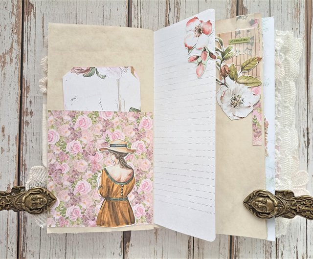 Lace junk journal handmade Roses notebook diary Flowers diary 