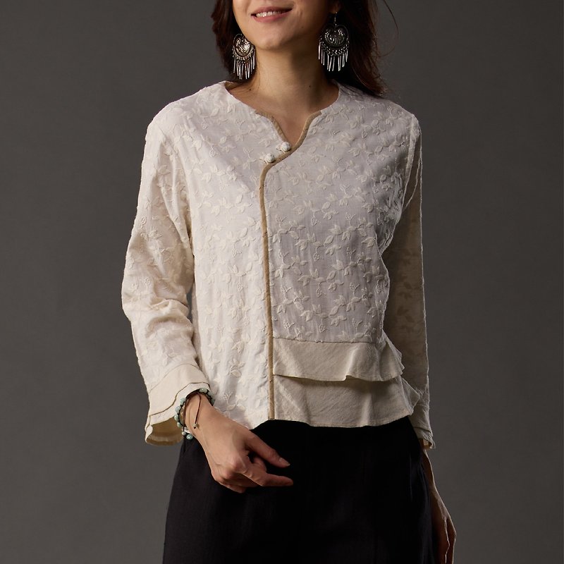 Classic beauty embroidered lotus leaf top【18006】 - Women's Tops - Cotton & Hemp 