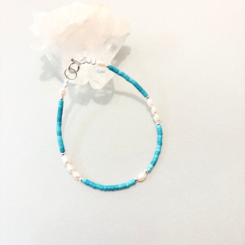 Ops Pearl Turquoise silver bracelet- 珍珠/純銀/綠松石/手鍊 - 手鍊/手環 - 寶石 綠色