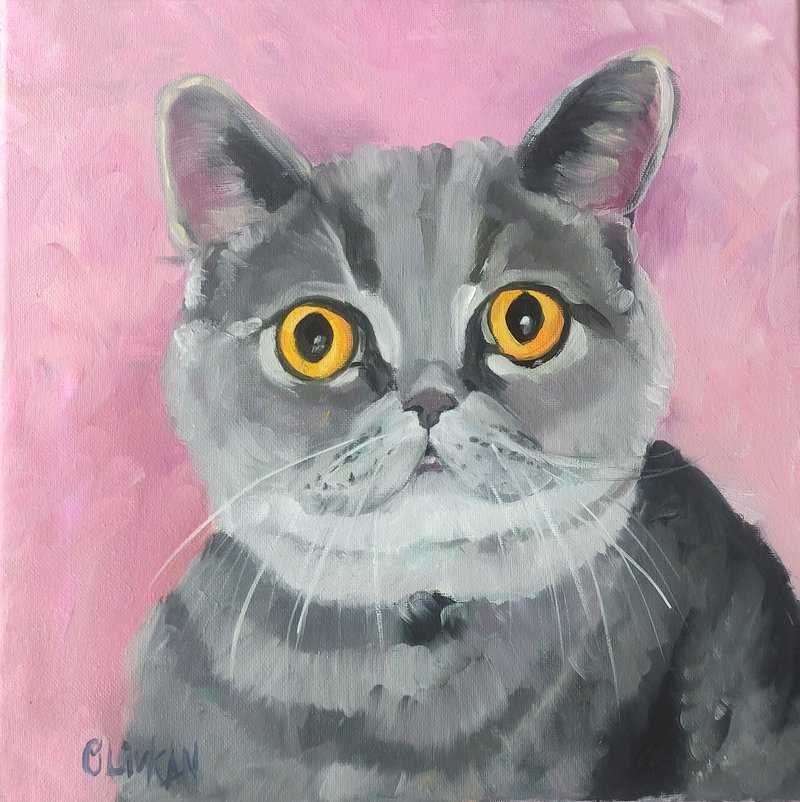 Cat Painting Original Oil Art Animal Artwork Gray Cat Wall Art by