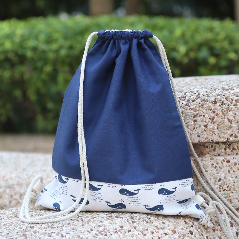 Silverbreeze~ Bundle Back Backpack ~ Little Whale (B97) - Drawstring Bags - Cotton & Hemp Blue