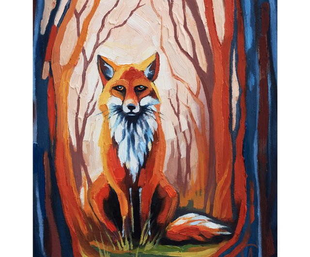 キツネの絵画 動物 オリジナルアート 秋の風景 保育園アートワーク装飾