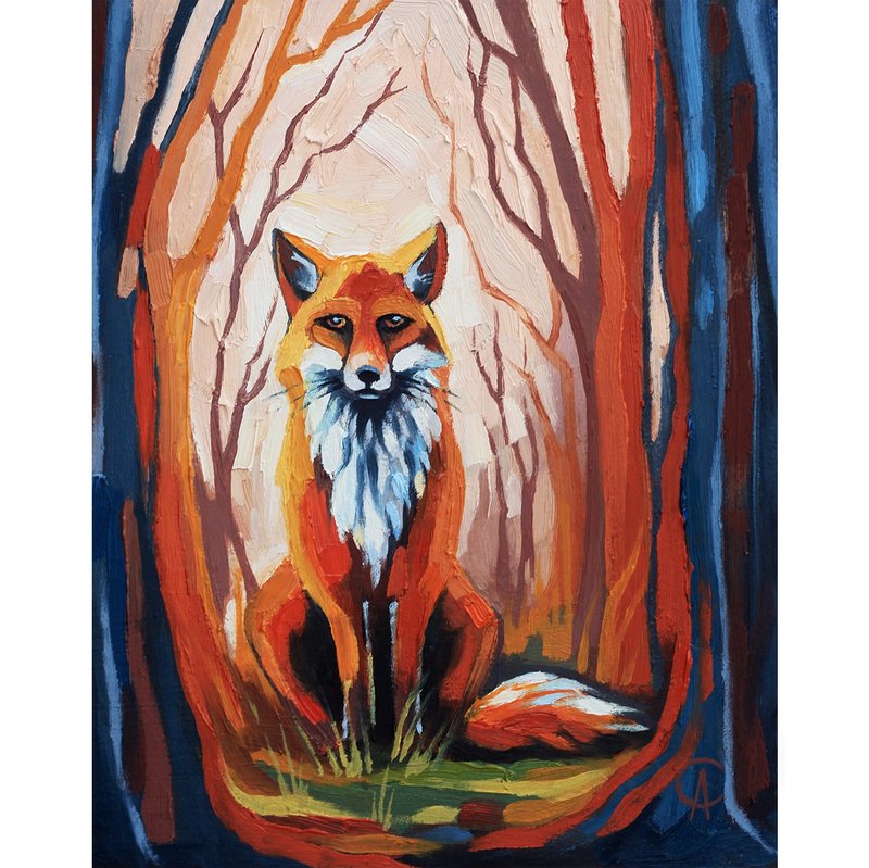 Fox Painting Animal Original Art Autumn landscape Nursery Artwork Decor - โปสเตอร์ - วัสดุอื่นๆ สีส้ม