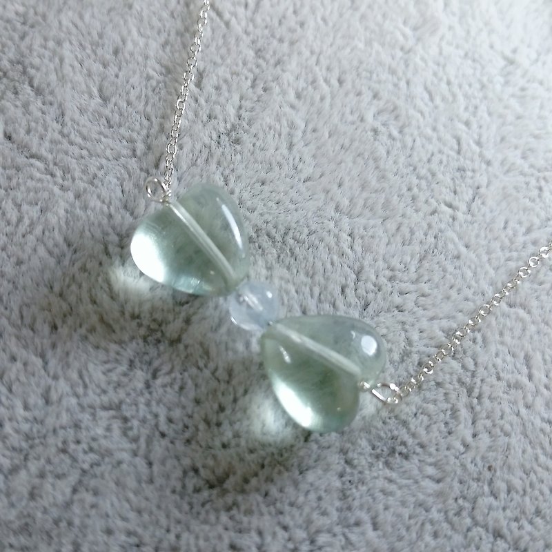 Heart-shaped light green Stone Stone with Aquamarine Silver necklace clavicle Flourite and aquamarine 925 silver necklace - Necklaces - Gemstone Green