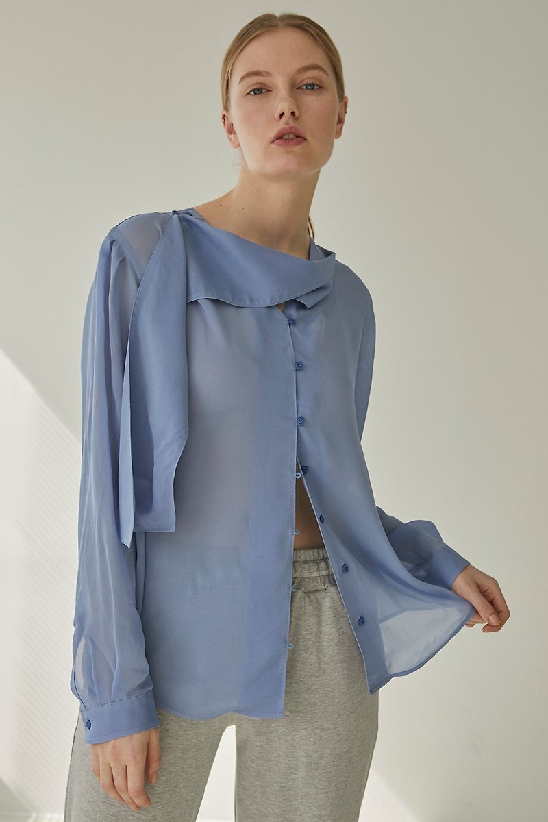 清透領巾襯衫/ 藍 - 女襯衫 - 其他人造纖維 藍色
