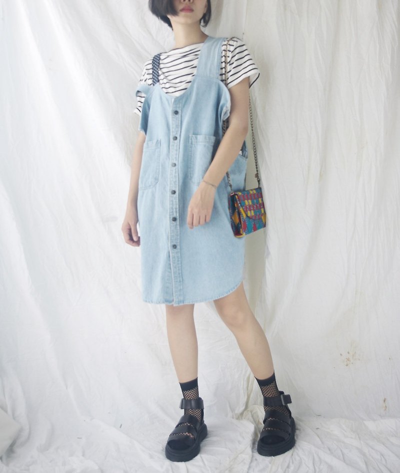 [R;] style transformation of ancient wide shoulder harness denim skirt - กระโปรง - ผ้าฝ้าย/ผ้าลินิน สีน้ำเงิน