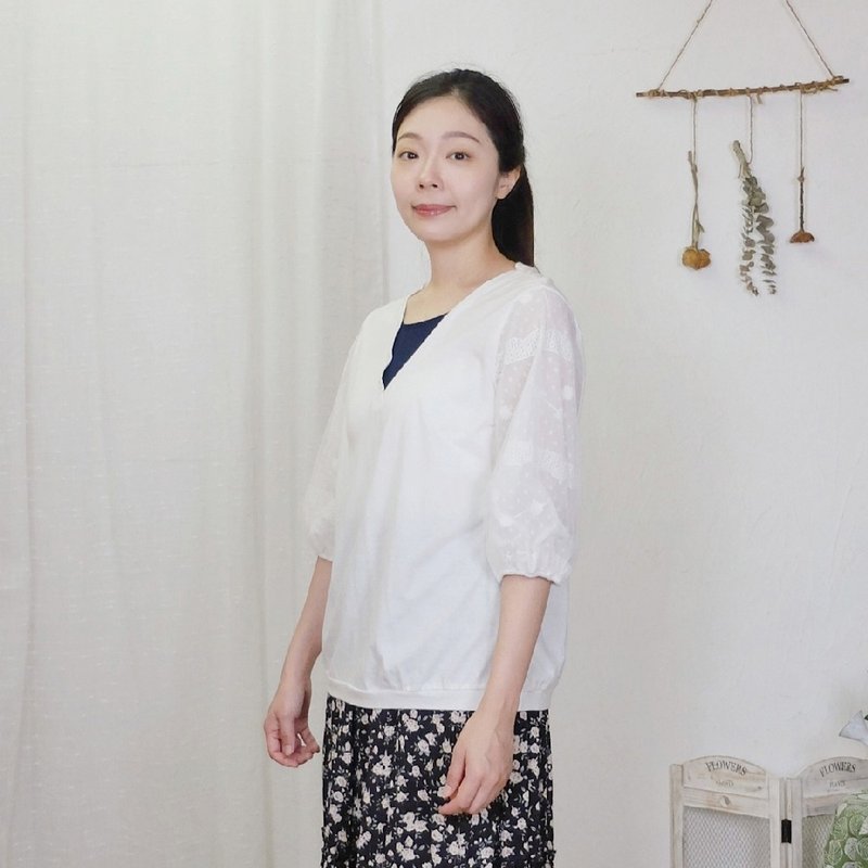 Hana Mokuba 假兩件雙層紗七分泡袖氣質上衣 - 女上衣/長袖上衣 - 棉．麻 