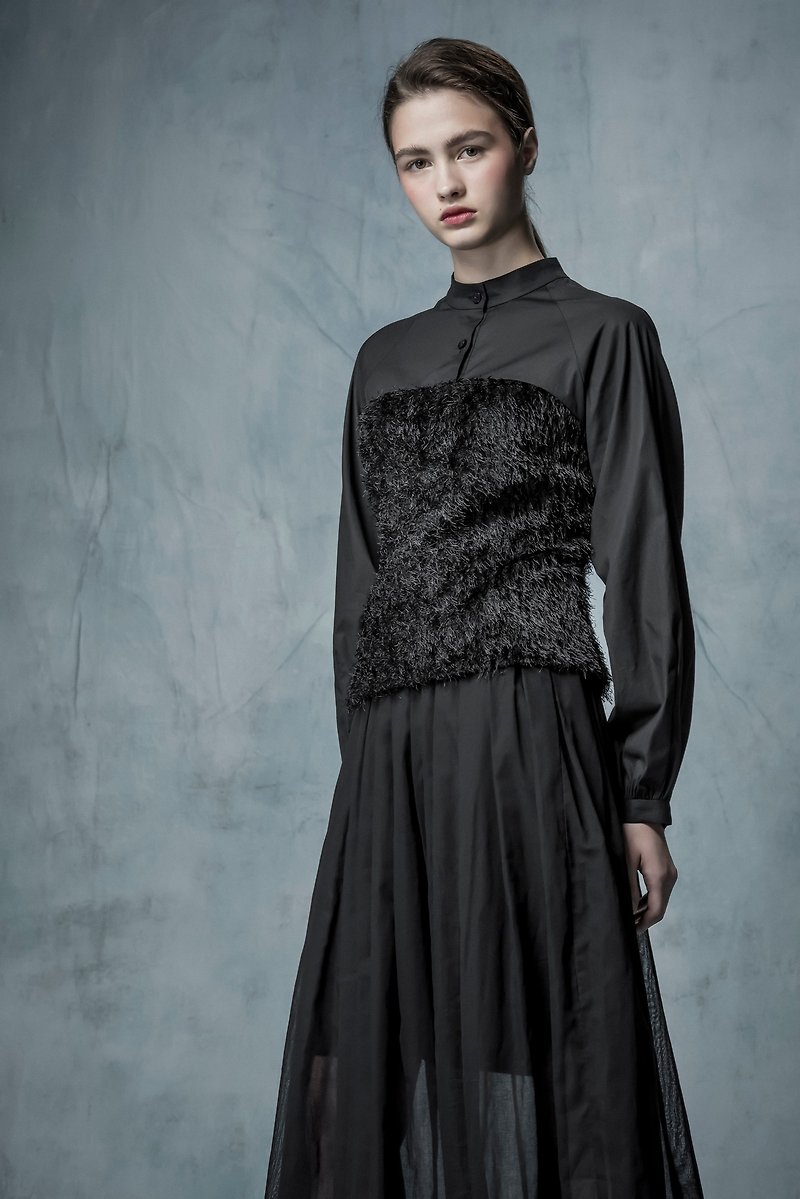 YUWEN black shirt stitching black top - เสื้อผู้หญิง - เส้นใยสังเคราะห์ สีดำ