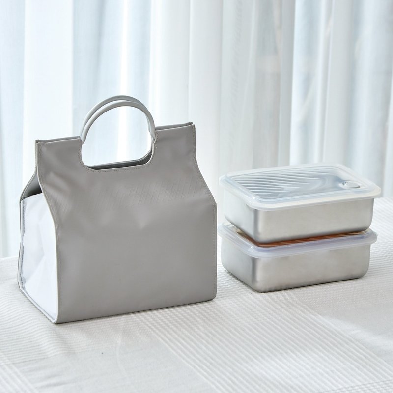 【 外帶有型組 】  Double Box 微波蒸氣保鮮盒 + 保溫托特包 - 便當盒/飯盒 - 不鏽鋼 銀色