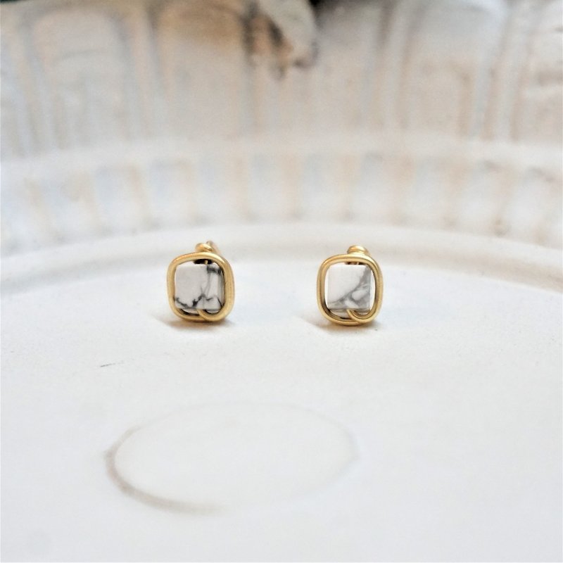 << Gold Wire Ear Pins - White Turquoise>> 4mm Square White Turquoise (Another ear clip) - Earrings & Clip-ons - Semi-Precious Stones White