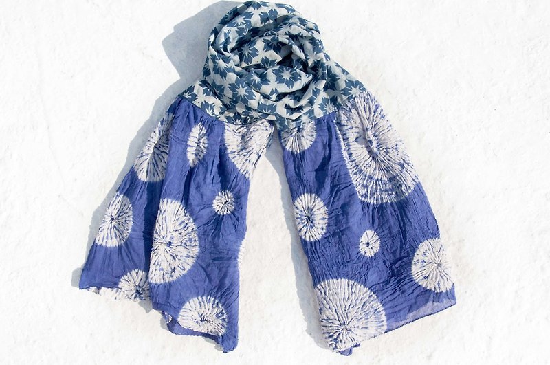 Indigo dyed silk scarf/batik embroidery silk scarf/plant dyed scarf/indigo gradient cotton silk scarf-blue bubble - Scarves - Cotton & Hemp Blue