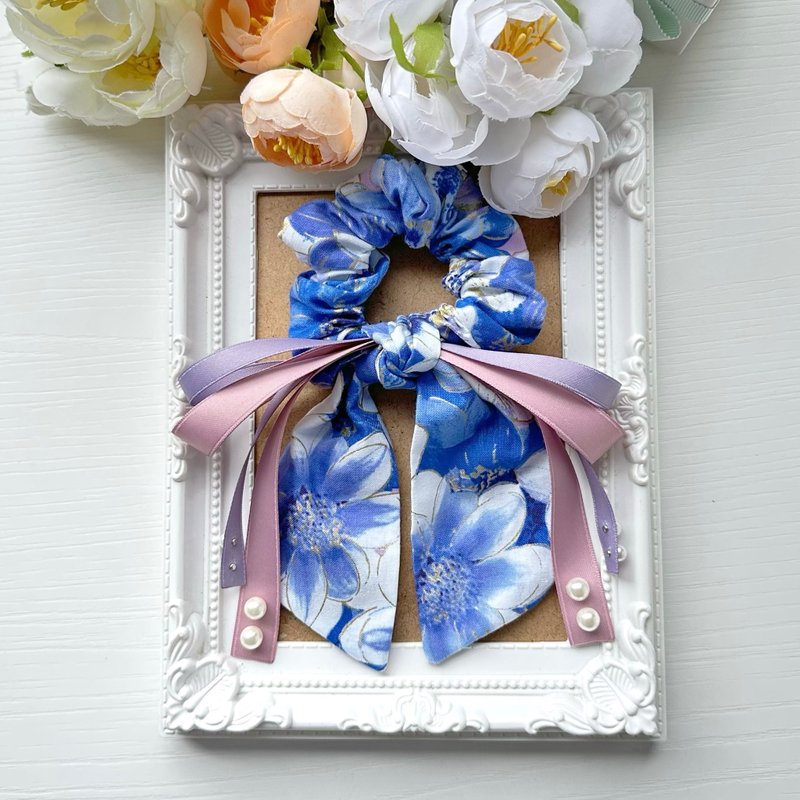 棉布長尾蝴蝶結髮圈大腸圈髮飾-寶藍色大花 - 髮夾/髮圈 - 其他材質 藍色