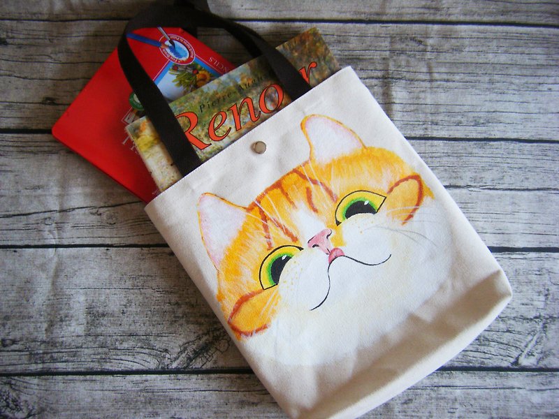 Hand painted orange greedy cat big meat ball tote bag - Handbags & Totes - Cotton & Hemp Orange