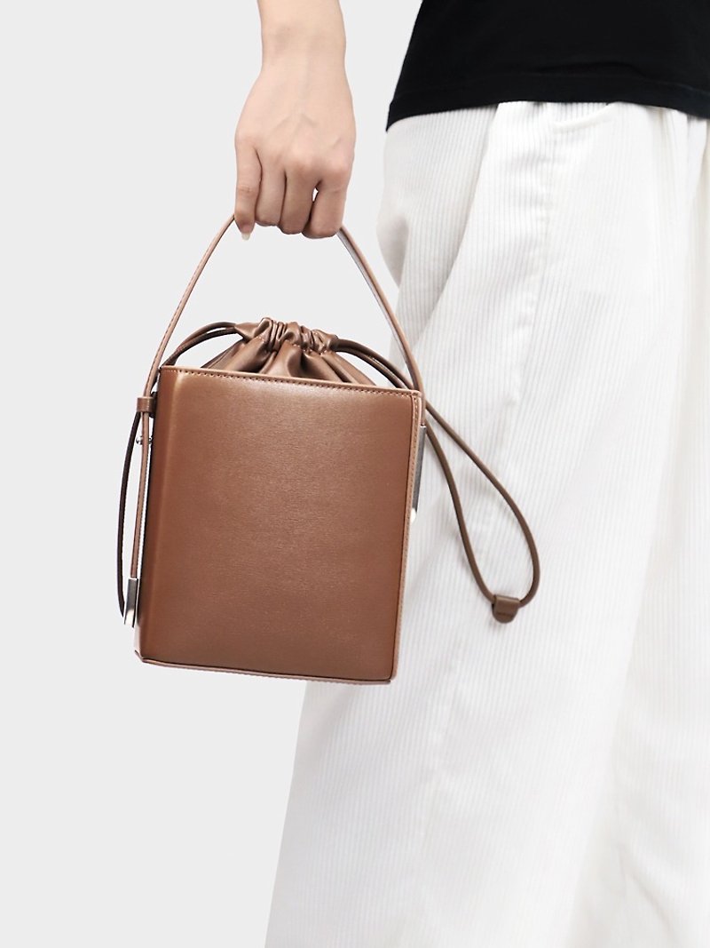 Fashion Genuine Leather Square Bucket Bag For Women Crossbody Shoulder Bag - Drawstring Bags - Genuine Leather Brown