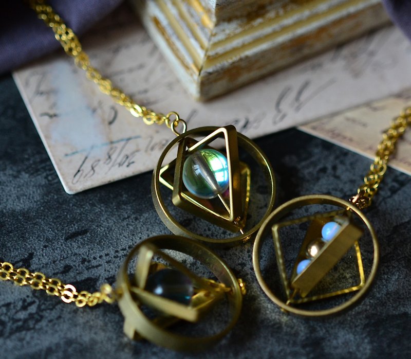 Magic Celestial Globe Moonstone / Rainbow Stone Long Necklace - Necklaces - Copper & Brass Black