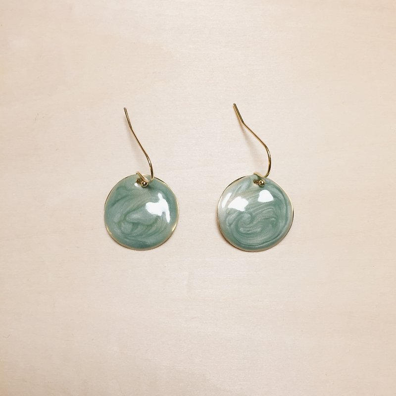Vintage green drip glaze round earrings - ต่างหู - สี สีเขียว