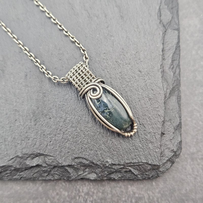 Ocean Grass Agate Wire Wrapped Pendant , Silver , Oxidized - Necklaces - Sterling Silver Green