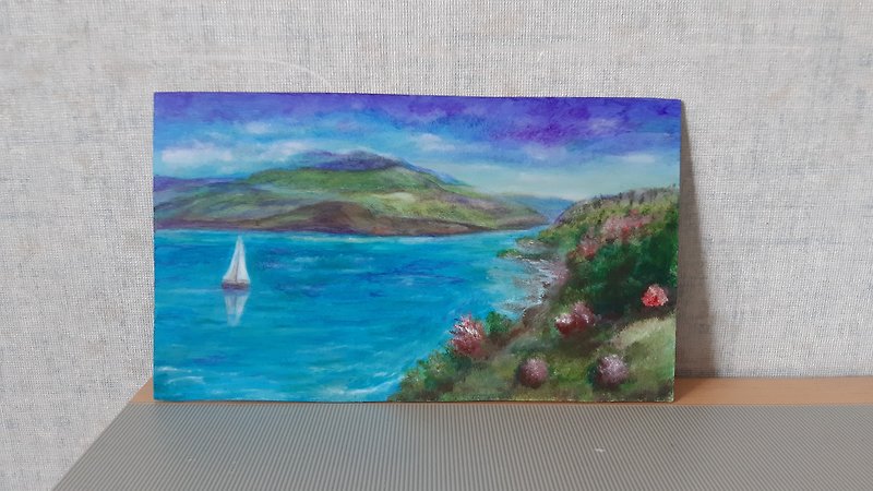 オリジナルの油絵、トビリシの海、風景、ジョージア - ウォールデコ・壁紙 - 木製 ブルー
