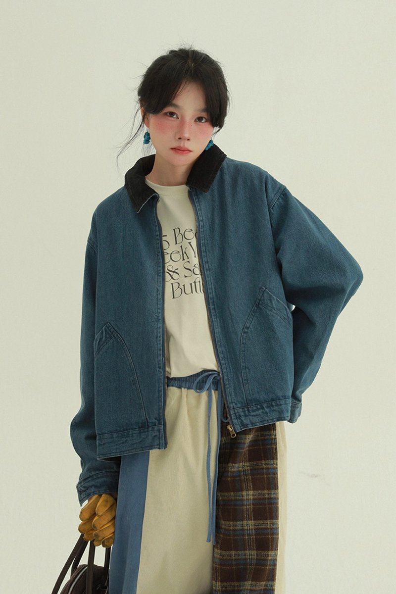藍色 燈芯絨領子復古夾克 日系休閒中性款立領牛仔外套 M-2XL - 女大衣/外套 - 棉．麻 藍色