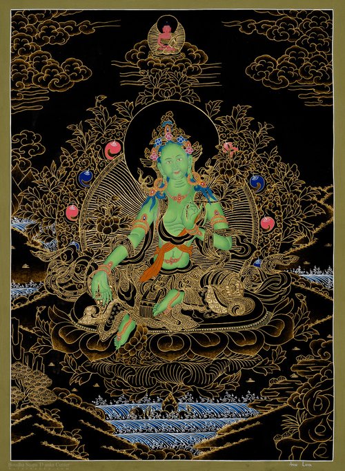 縁起物　タンカ グリーンタラ（緑度母） チベット仏教 手描き　時代物 縁起物 タンカ グリーンタラ（緑度母） チベット仏教 手描き