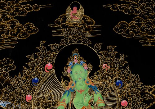縁起物　タンカ グリーンタラ（緑度母） チベット仏教 手描き　時代物 縁起物 タンカ グリーンタラ（緑度母） チベット仏教 手描き