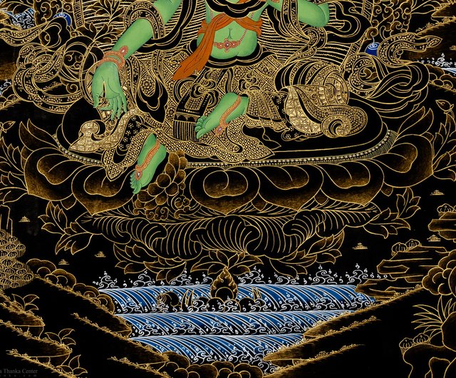 チベット　グリーンターラ菩薩　タンカ 一点物〕タンカ - グリーン・ターラ[30cm x 40cm] の通販[送料