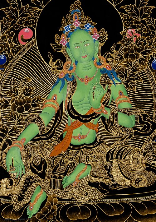 縁起物　タンカ グリーンタラ（緑度母） チベット仏教 手描き　時代物 縁起物 タンカ グリーンタラ（緑度母） チベット仏教 手描き 時代物
