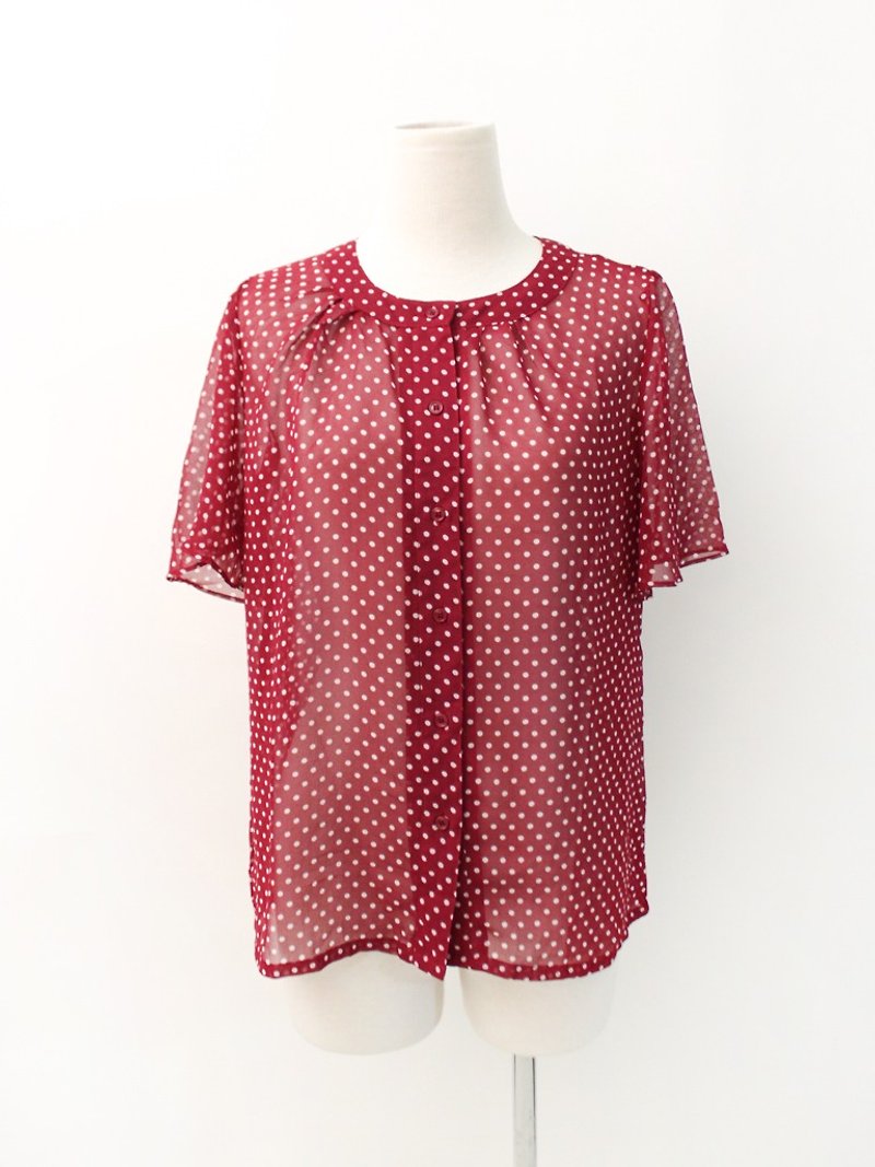 復古日本製米妮紅色圓點點短袖古著襯衫 Vintage Blouse - 女襯衫 - 聚酯纖維 紅色