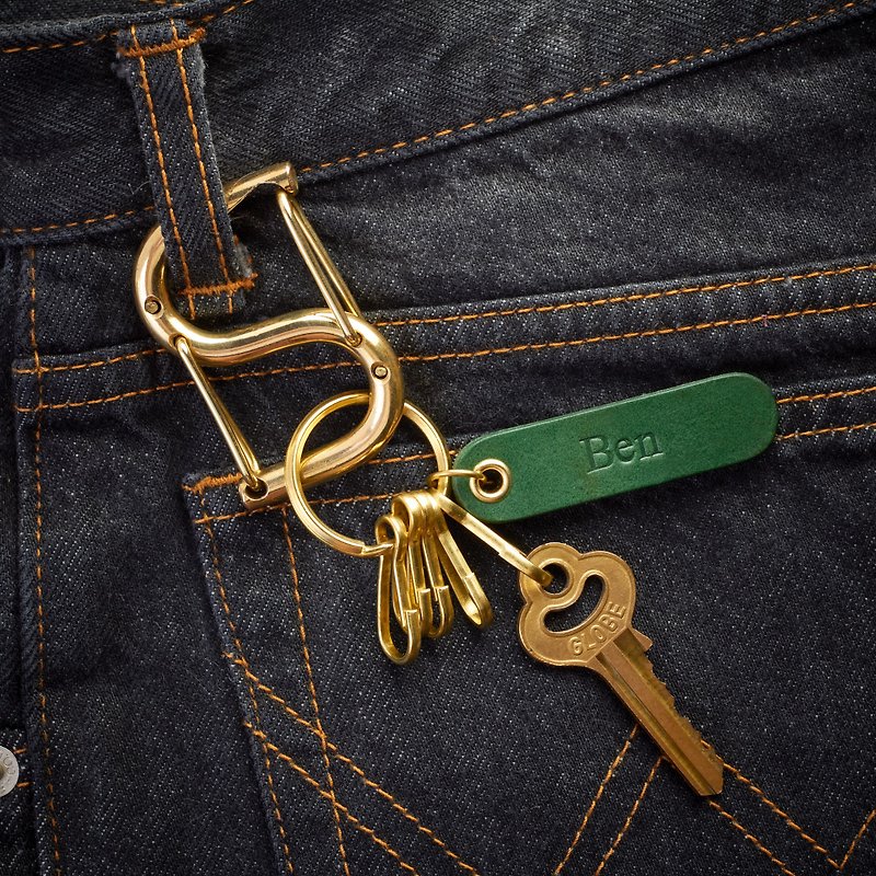 黃銅 S 型登山扣按扣鑰匙圈 | 個人化姓名標籤鑰匙扣 - 鑰匙圈/鑰匙包 - 真皮 咖啡色