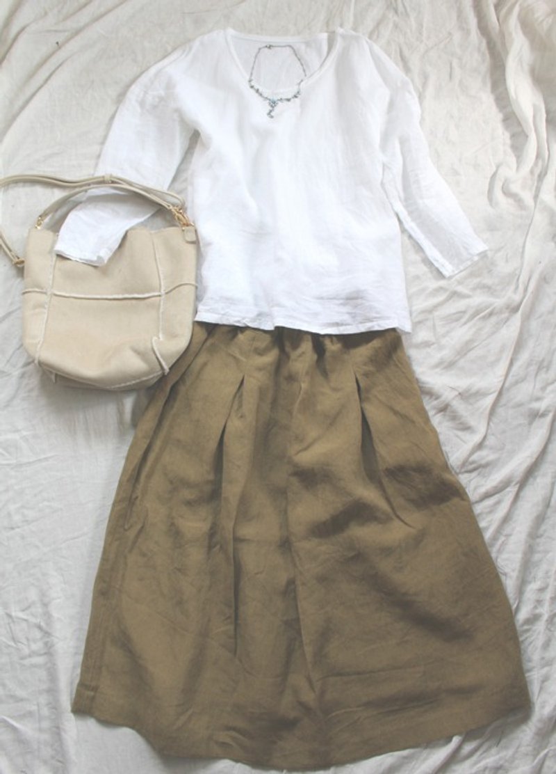 Autumn colors now available Thick Belgian Linen tuck skirt in beige - Skirts - Cotton & Hemp 