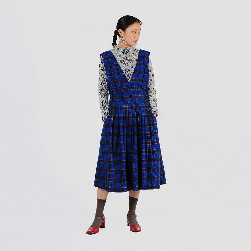 [Egg Plant Vintage] Electro-optical check wool vintage camisole skirt - One Piece Dresses - Wool Blue