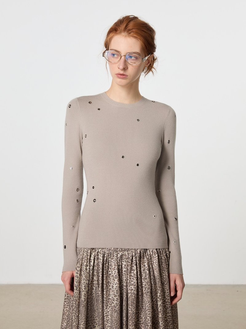 Light Khaki Embellished Aesthetic Handmade Metal Eyelet Knitted Bottoming Shirt - Women's Sweaters - Wool Khaki