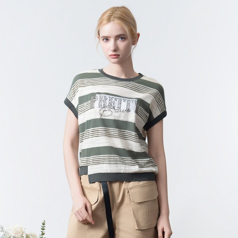 【MEDUSA】PRETTY 柔棉綠色條紋切接T恤(M-XL) | 女休閒上衣 - 女 T 恤 - 棉．麻 綠色