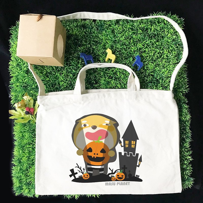 [Halloween Special] Illustrator Micky Halloween Wenchuang style horizontal canvas bag - กระเป๋าแมสเซนเจอร์ - ผ้าฝ้าย/ผ้าลินิน 