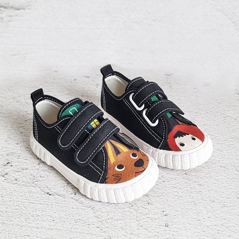 Double Devil's Felt Children's Shoes Two Mixed Straps Children's Shoes Canvas Shoes Children's Shoes - Black Made in Taiwan - รองเท้าลำลองผู้หญิง - ผ้าฝ้าย/ผ้าลินิน สีดำ