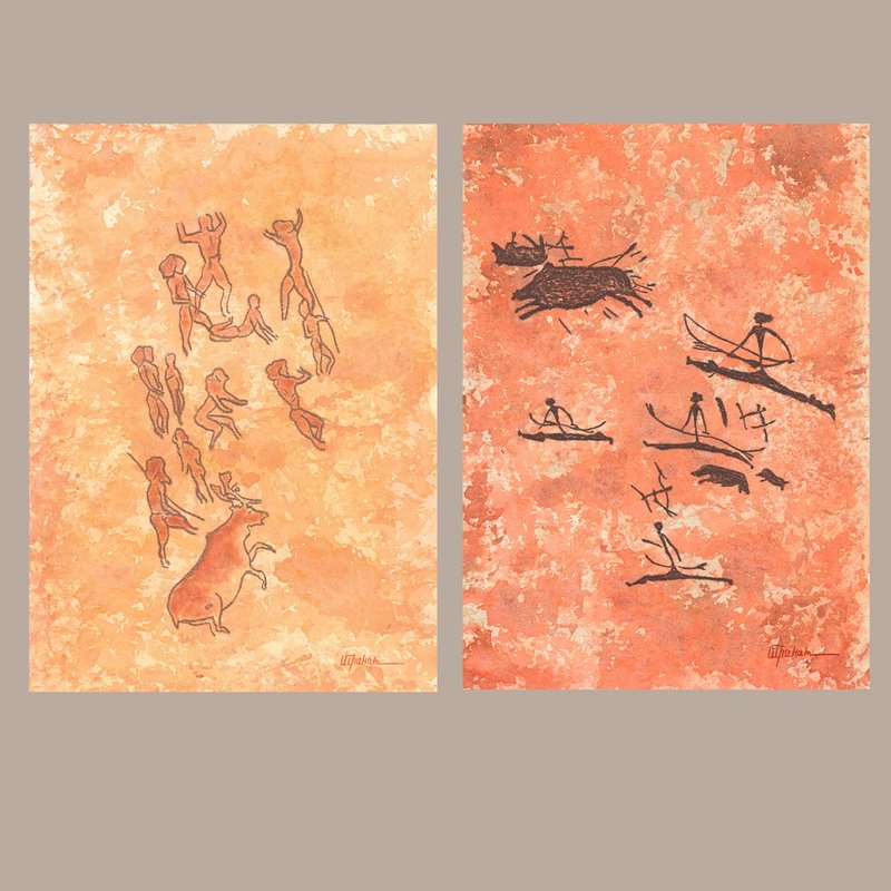 Mammoth hunting painting interior Prehistoric art Watercolor end pastel drawing - 海報/掛畫/掛布 - 紙 橘色